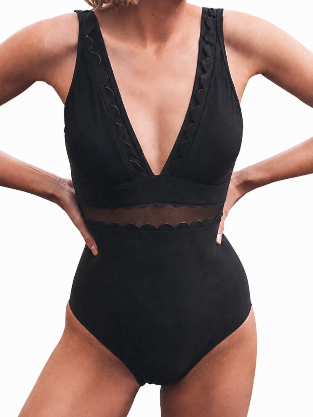 Ted Baker Black Scallop-Trim One-Piece Swimsuit